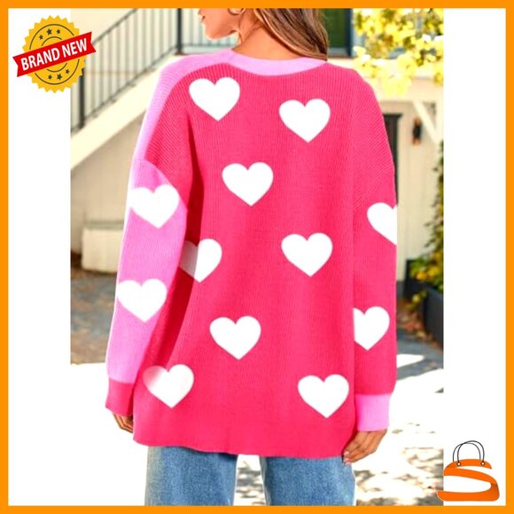 Oversized Heart Print Cardigan Ribbed Knit V-Neck Button Up Chic Y2K - Picture 5 of 7